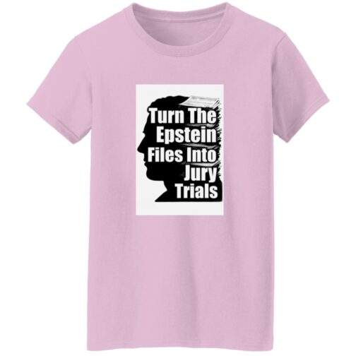 Light pink women's heavy cotton tee featuring a graphic design with the text "Turn The Epstein Files Into Jury Trials" in bold black letters on a white square.