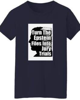 Navy women's heavy cotton tee with a design showing a silhouette of a head with stacked files inside. Text reads "Turn The Epstein Files Into Jury Trials.