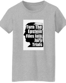 Sport Grey "Turn The Epstein Files Into Jury Trials" Women's Heavy Cotton Tee. The design features a silhouette filled with stacked files.