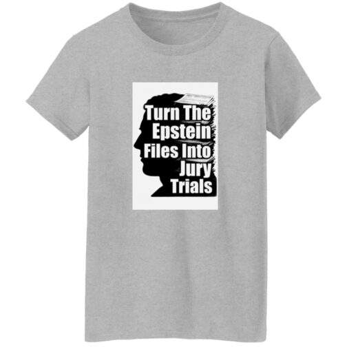 Sport Grey "Turn The Epstein Files Into Jury Trials" Women's Heavy Cotton Tee. The design features a silhouette filled with stacked files.