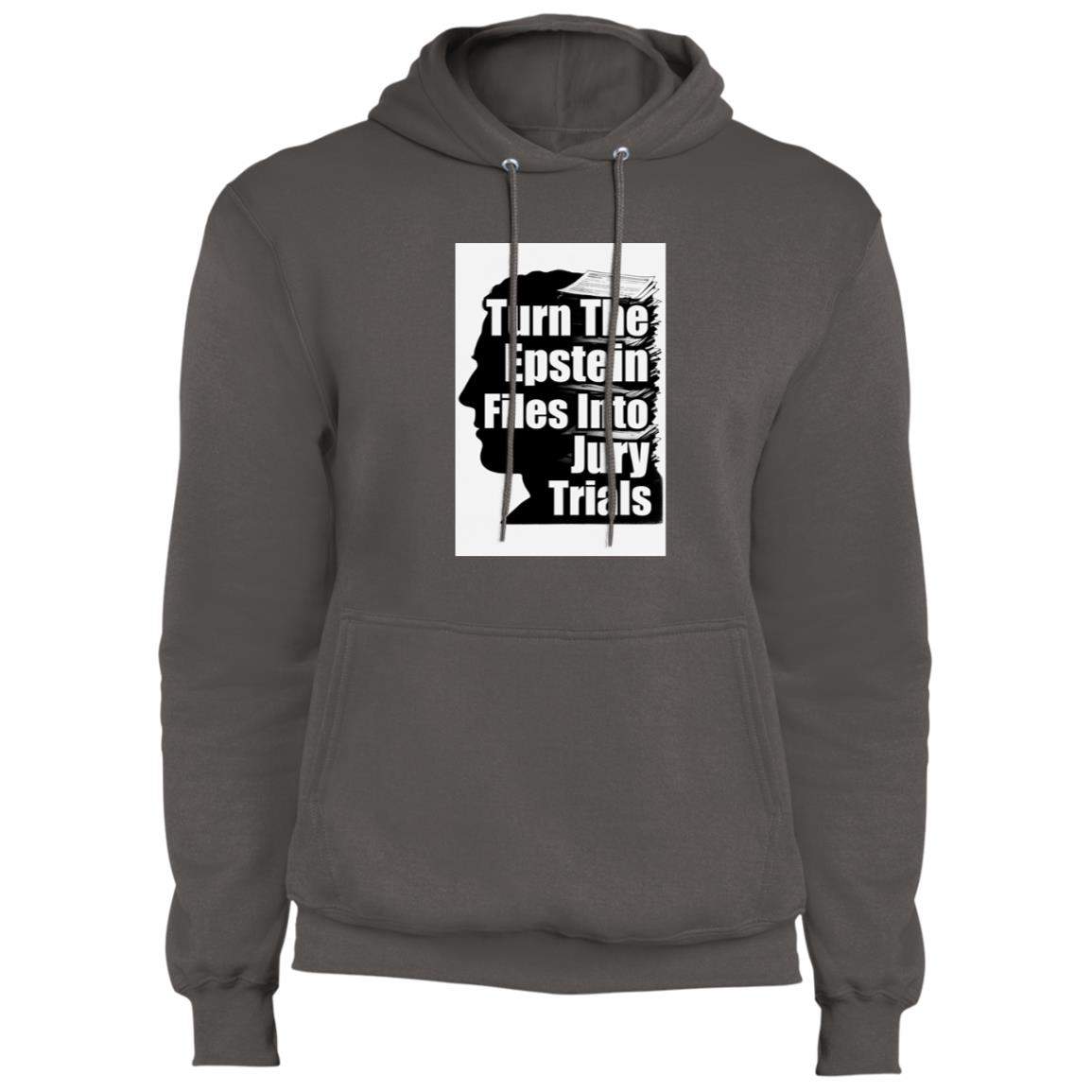 Charcoal "Turn The Epstein Files into Jury Trials" hoodie. The activist sweatshirt features a graphic of a silhouette with text. A political statement piece in comfortable pullover style.