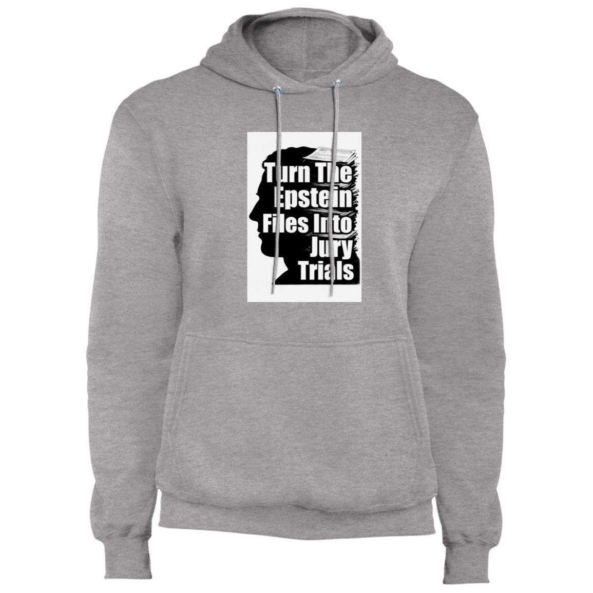 Turn The Epstein Files into Jury Trials Hoodie: Gray unisex pullover with bold text graphic, advocating for legal transparency and court accountability