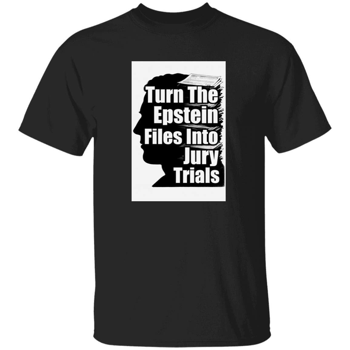 Black "Turn The Epstein Files into Jury Trials" men's tee. The design features a silhouette of a head with stacks of files on top, advocating for justice.