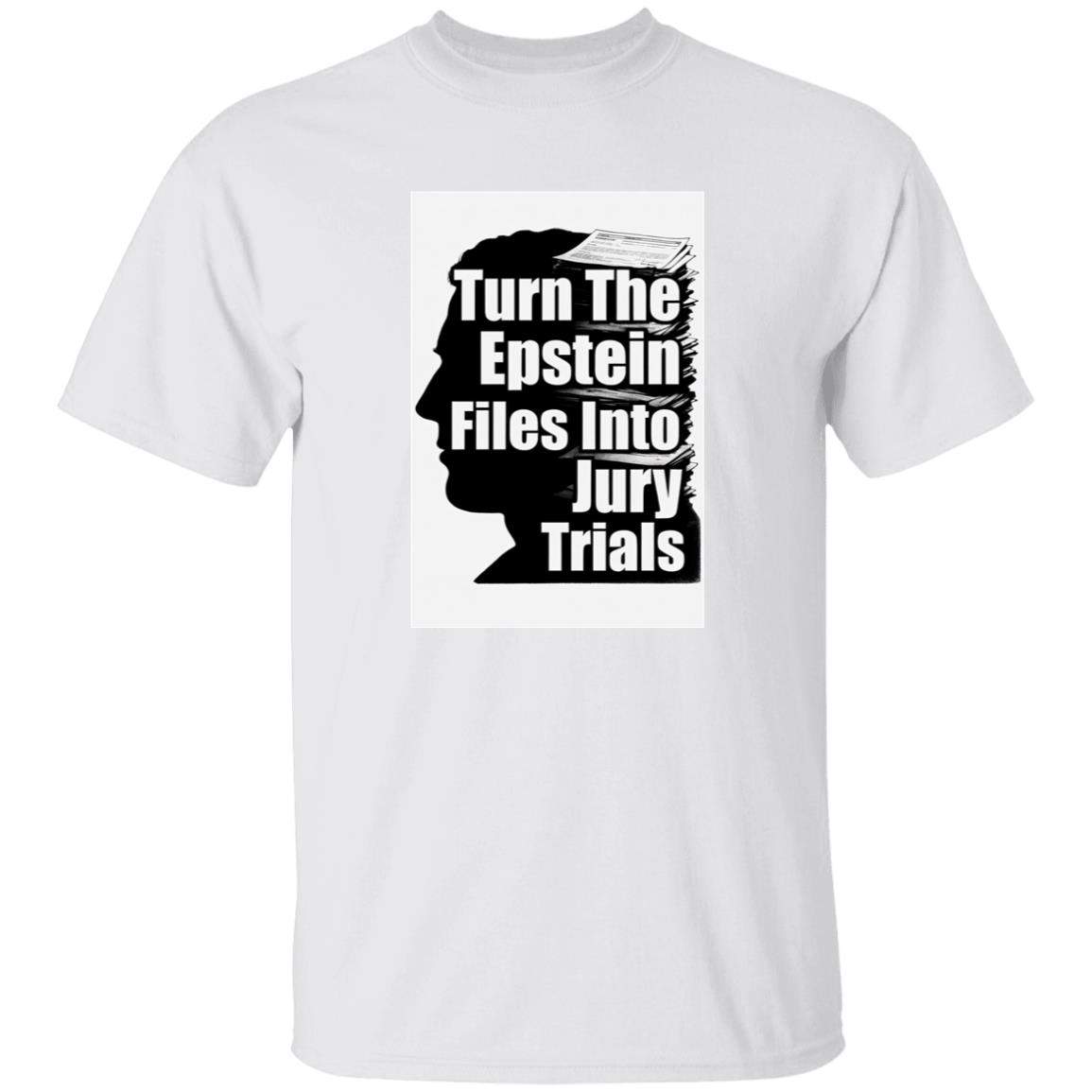 Turn The Epstein Files into Jury Trials Shirt: A white, heavy cotton men's tee with a bold graphic demanding accountability and transparency. Perfect for justice advocates.