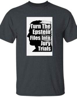 Dark heather "Turn The Epstein Files into Jury Trials" men's tee. The design features a silhouette of a head with stacks of files forming the hair. Advocacy tee for justice.