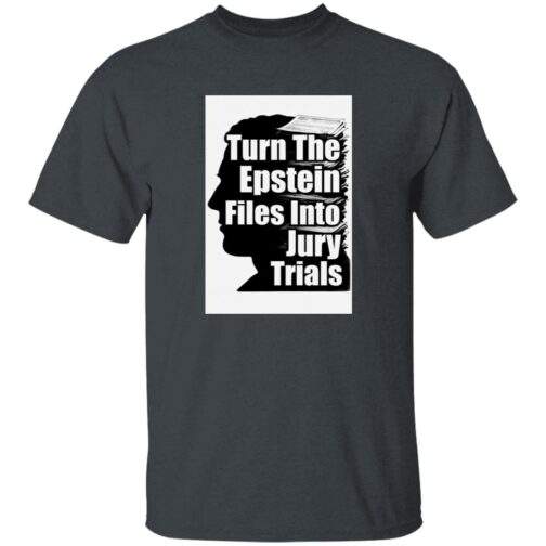 Dark heather "Turn The Epstein Files into Jury Trials" men's tee. The design features a silhouette of a head with stacks of files forming the hair. Advocacy tee for justice.