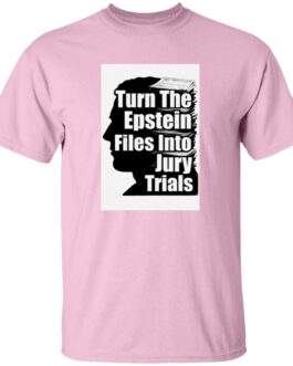 Light pink "Turn The Epstein Files into Jury Trials" men's tee shirt. The design features a silhouette and stacked documents, advocating for legal action.