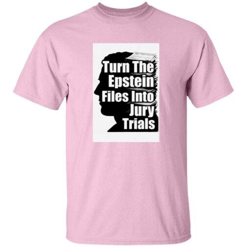 Light pink "Turn The Epstein Files into Jury Trials" men's tee shirt. The design features a silhouette and stacked documents, advocating for legal action.