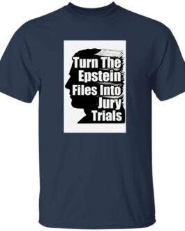 Navy "Turn The Epstein Files into Jury Trials" men's tee. The design features a black silhouette of a head with stacked files above it and text overlay. Advocacy tee.
