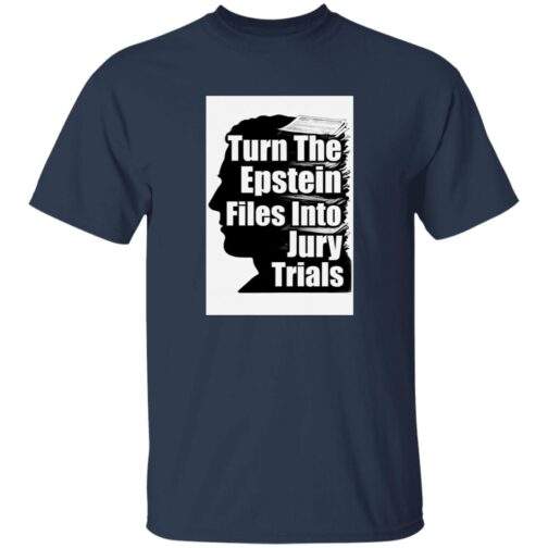 Navy "Turn The Epstein Files into Jury Trials" men's tee. The design features a black silhouette of a head with stacked files above it and text overlay. Advocacy tee.