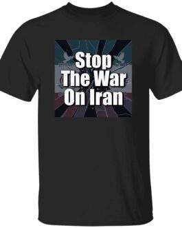 Black "Stop the War on Iran" men's shirt. The design features the text "Stop The War On Iran" over a stylized Iranian flag with doves, promoting peace activism.