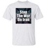 White "Stop the War on Iran" men's shirt. Heavy cotton tee with bold graphic advocating for diplomacy, peace activism, and human rights. Ethical, sustainably sourced cotton.