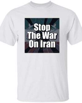 White "Stop the War on Iran" men's shirt. Heavy cotton tee with bold graphic advocating for diplomacy, peace activism, and human rights. Ethical, sustainably sourced cotton.