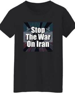 Black Stop the War on Iran Women's Shirt. This anti-war tee features a design with the Iranian flag and doves, promoting peace activism. A powerful statement piece.