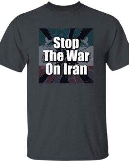 Dark heather "Stop the War on Iran" men's t-shirt. The tee features a graphic with text and dove imagery symbolizing peace. A powerful statement for peace activists.