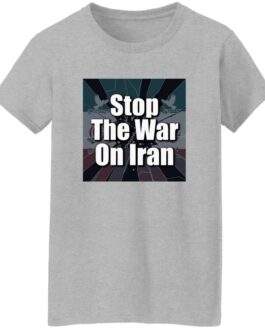 Sport Grey "Stop The War On Iran" women's t-shirt. The tee features a square graphic with doves and the text "Stop The War On Iran" over a stylized Iranian flag. A peace activist tee in sport grey.