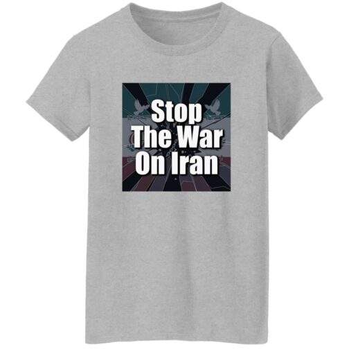 Sport Grey "Stop The War On Iran" women's t-shirt. The tee features a square graphic with doves and the text "Stop The War On Iran" over a stylized Iranian flag. A peace activist tee in sport grey.