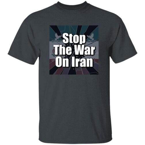 Dark heather "Stop the War on Iran" men's t-shirt. The tee features a graphic with text and dove imagery symbolizing peace. A powerful statement for peace activists.