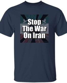Navy "Stop The War On Iran" men's shirt. The tee features a peace activist design with doves and a broken chain over a stylized Iranian flag.