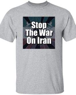 Sport grey "Stop The War On Iran" men's tee. The design features bold text over a graphic with doves and chains, promoting peace activism.