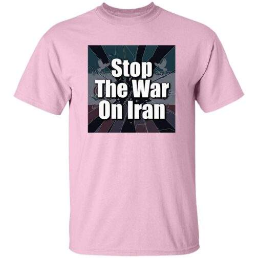 Light pink "Stop the War on Iran" men's shirt. The design features the text "Stop The War On Iran" over a graphic, ideal for a peace activist tee.