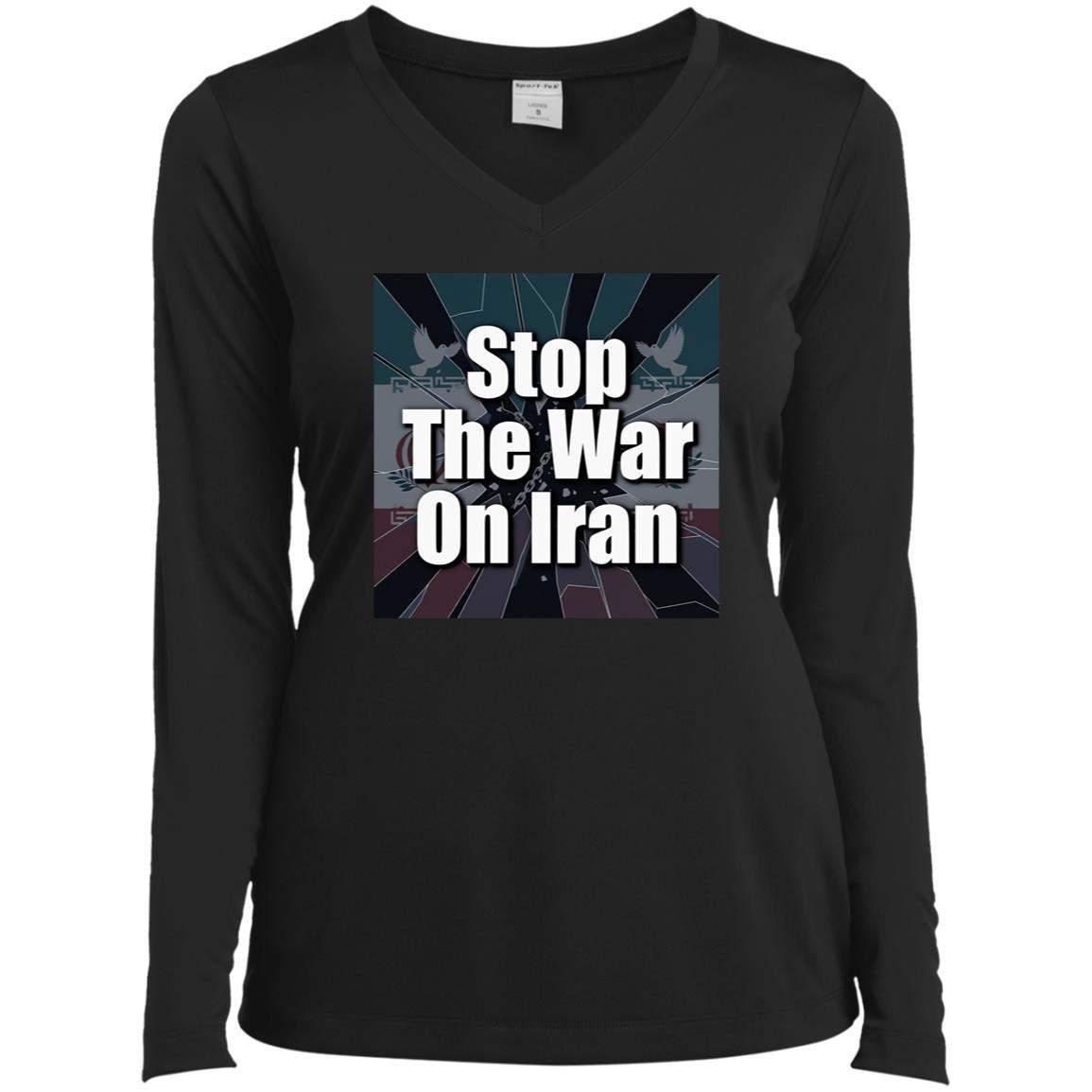 Black "Stop the War on Iran" women's long-sleeve V-neck tee. The design features the text "Stop The War On Iran" over a stylized image of the Iranian flag with doves.