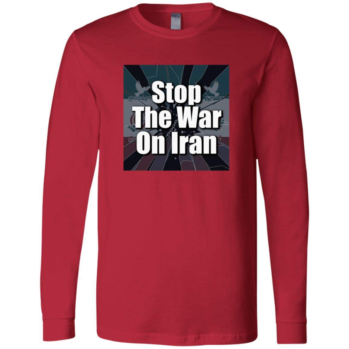 Red "Stop the War on Iran Anti War Long Sleeve Peace Activist Shirt" with a bold graphic. Soft cotton long sleeve protest tee for peace supporters and rallies.