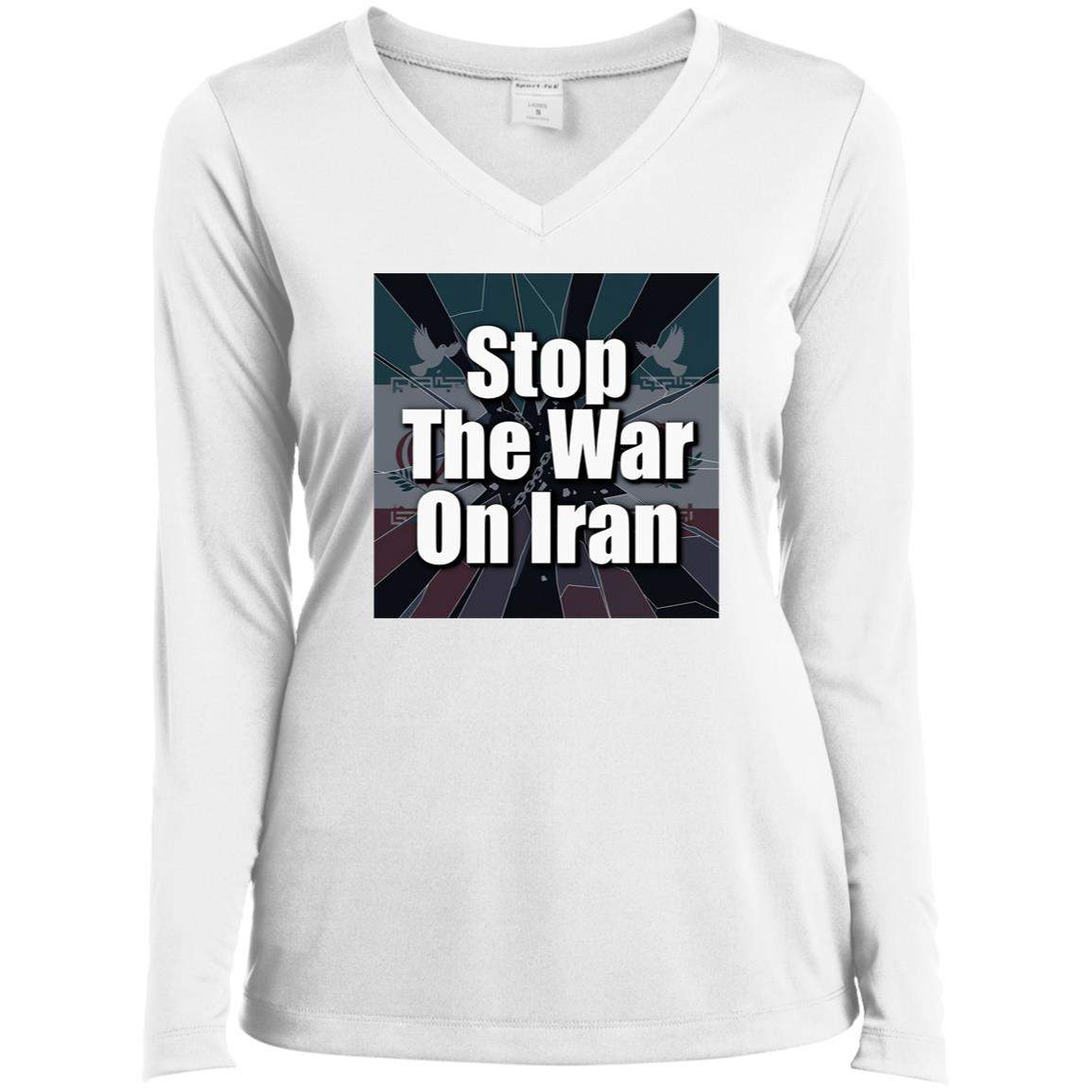Stop the War on Iran Shirt: Women's long sleeve v-neck performance tee with a powerful anti-war message. Lightweight, breathable, moisture-wicking protest rally shirt.