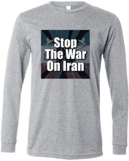 Athletic heather long sleeve shirt featuring a "Stop The War On Iran" design with doves and a stylized background. A peace activist shirt promoting anti-war sentiments.