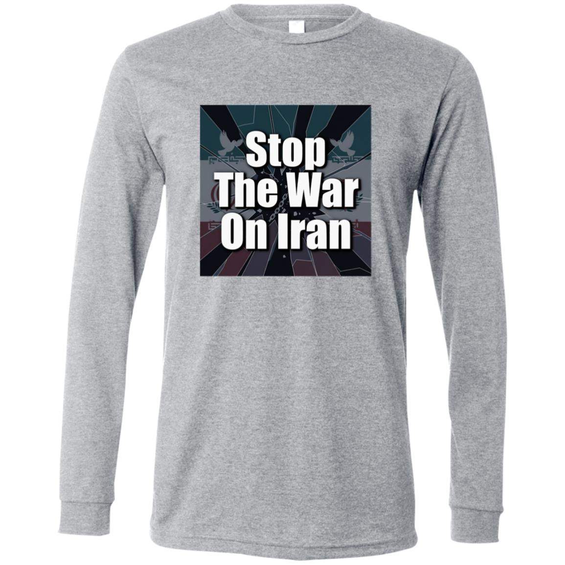 Athletic heather long sleeve shirt featuring a "Stop The War On Iran" design with doves and a stylized background. A peace activist shirt promoting anti-war sentiments.