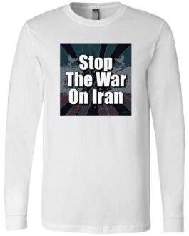 White long sleeve shirt with a "Stop The War On Iran" design. Features doves and a stylized background. A statement piece for peace activists.