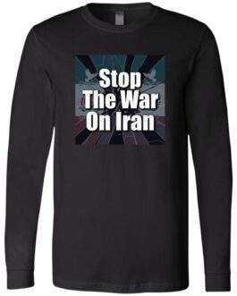 Black "Stop the War on Iran" long sleeve shirt. The design features the text "Stop The War On Iran" over a stylized background with doves, ideal for peace activists.