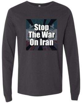 Dark grey long sleeve shirt with "Stop The War On Iran" design. Perfect for peace activists. The shirt features a stylized image with doves.