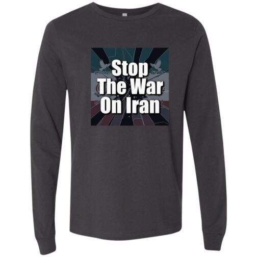 Dark grey long sleeve shirt with "Stop The War On Iran" design. Perfect for peace activists. The shirt features a stylized image with doves.