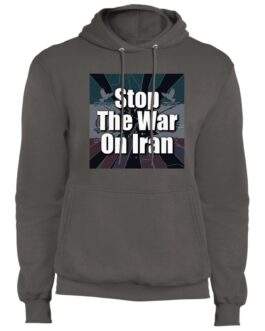 Charcoal "Stop the War on Iran" anti-war hoodie. Features a bold graphic design with text and a peace symbol. A statement piece for peace activists.