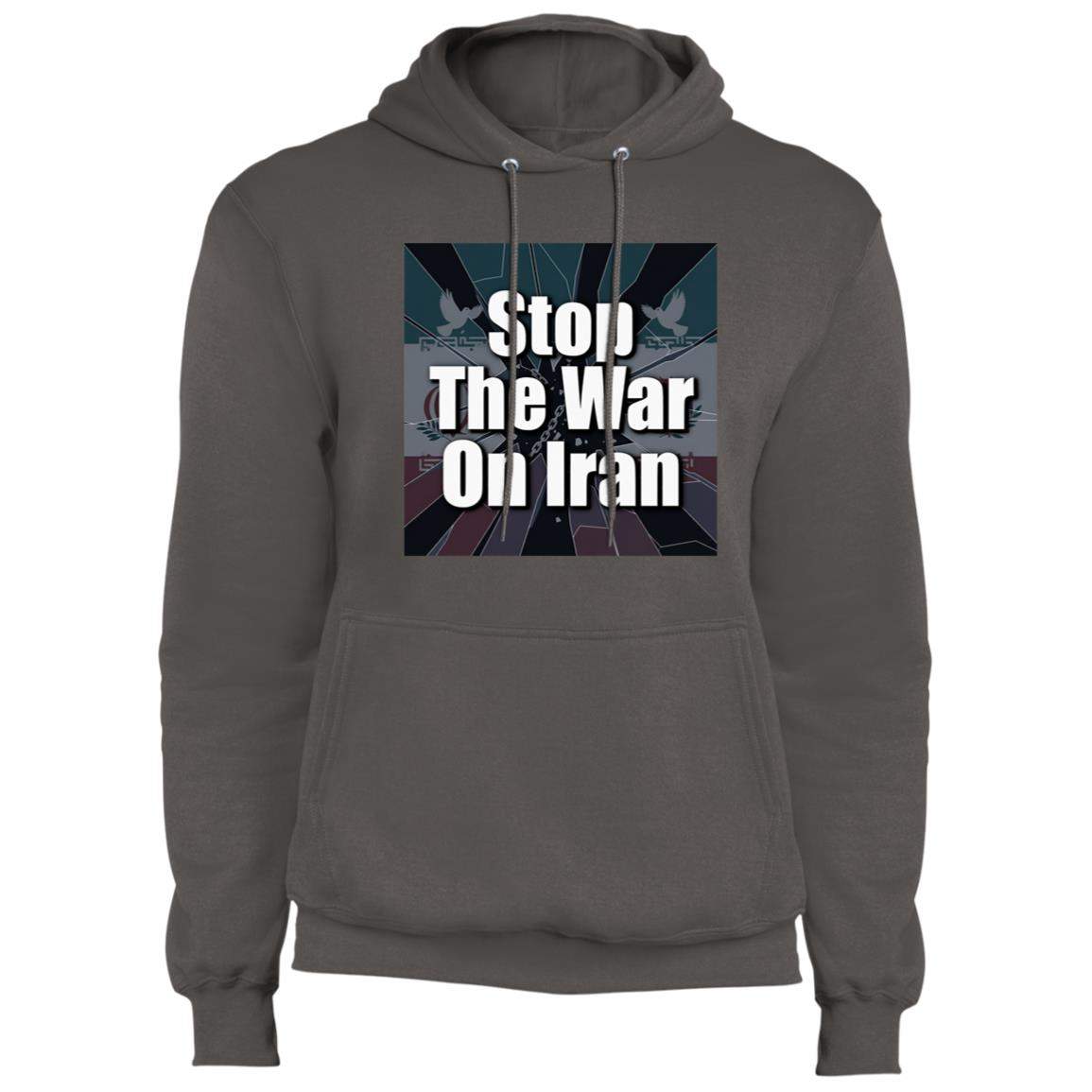 Charcoal "Stop the War on Iran" anti-war hoodie. Features a bold graphic design with text and a peace symbol. A statement piece for peace activists.