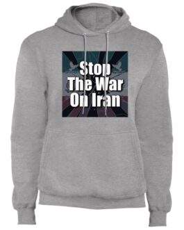 Gray "Stop the War on Iran" unisex hoodie. Features a bold anti-war message and dove graphic. Soft, durable fleece for rallies and everyday activism.