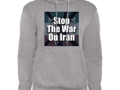 Gray "Stop the War on Iran" unisex hoodie. Features a bold anti-war message and dove graphic. Soft, durable fleece for rallies and everyday activism.