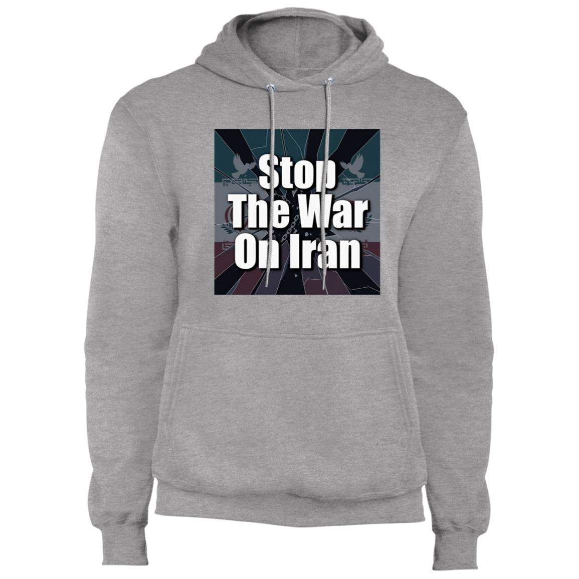 Gray "Stop the War on Iran" unisex hoodie. Features a bold anti-war message and dove graphic. Soft, durable fleece for rallies and everyday activism.