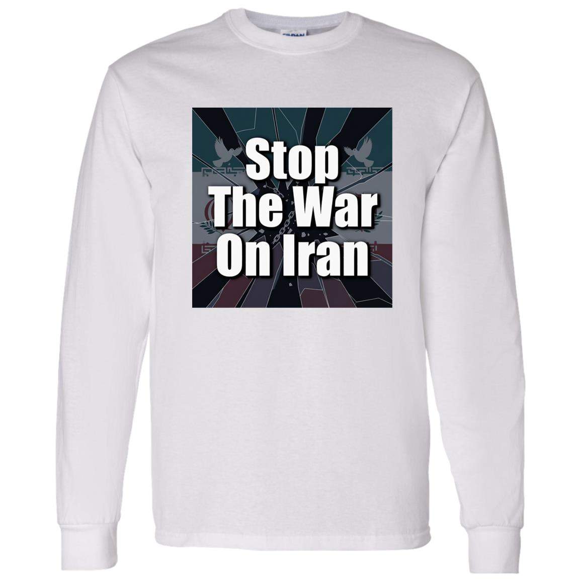 White long-sleeve unisex shirt with a square design featuring the text "Stop The War On Iran" over a stylized Iranian flag. A powerful statement for peace activists.