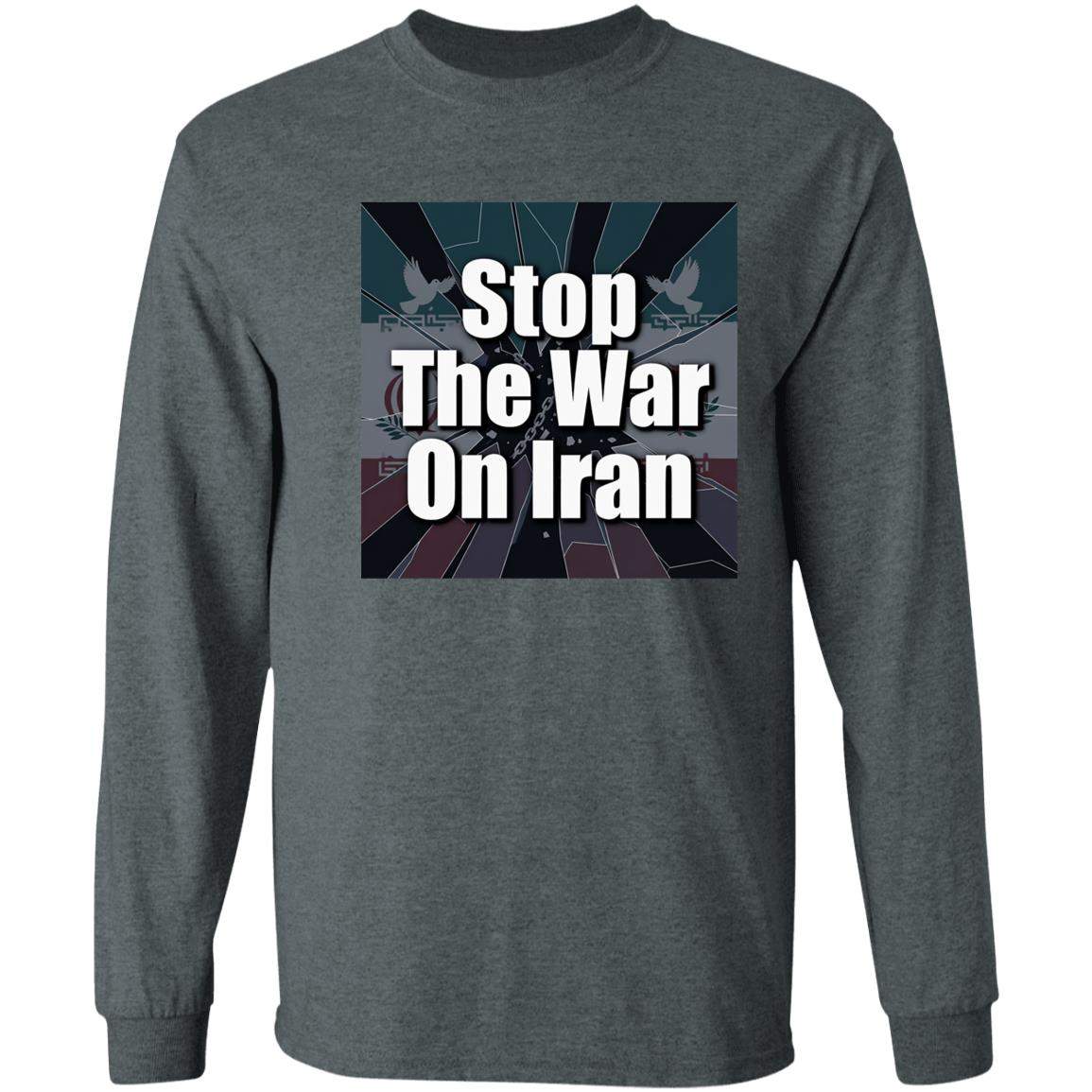 Stop the War on Iran Long Sleeve Unisex Shirt: Ash grey anti-war tee with "Stop The War On Iran" graphic. Comfortable cotton for peace rallies and activism.
