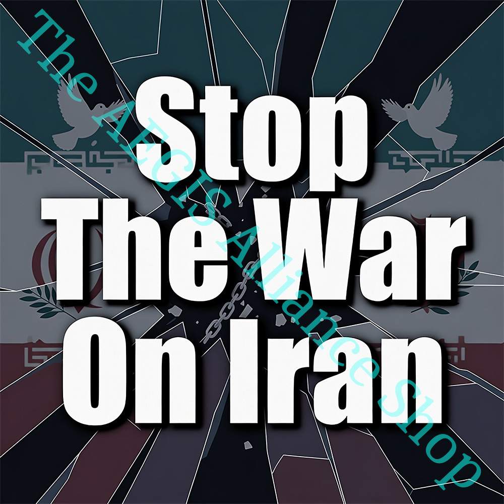 Stop the War on Iran Long Sleeve Unisex Shirt: Anti-war activist tee with a bold "Stop the War on Iran" message. Features a cracked flag background and peace doves.