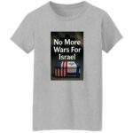 Grey heavyweight cotton t-shirt featuring a graphic with the text "No More Wars For Israel" above a coffin draped in the American and Israeli flags.