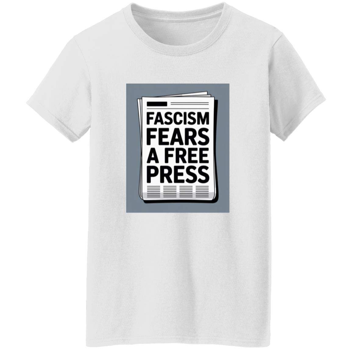 White women's classic-fit cotton tee with a newspaper graphic reading "Fascism Fears A Free Press." An anti-fascist First Amendment shirt for women.
