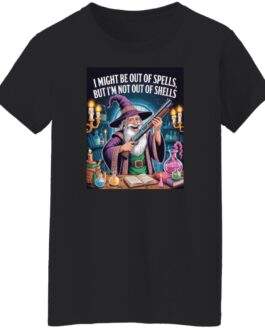 Women's funny wizard graphic tee, Out of Spells Not Out of Shells D&D shotgun-wizard design in a missy fit.