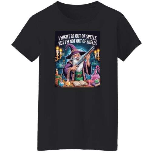 Women's funny wizard graphic tee, Out of Spells Not Out of Shells D&D shotgun-wizard design in a missy fit.