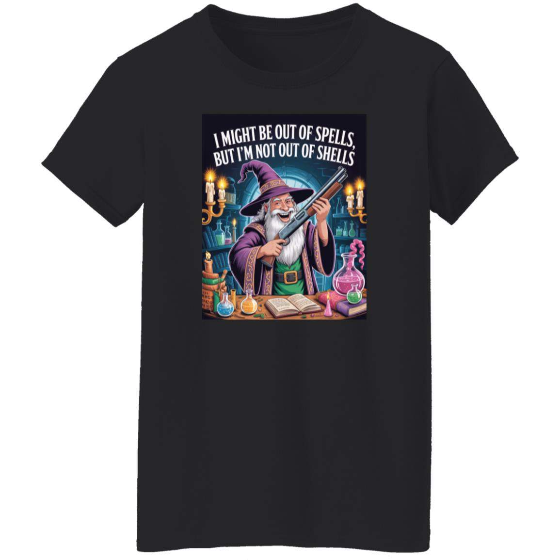 Women's funny wizard graphic tee, Out of Spells Not Out of Shells D&D shotgun-wizard design in a missy fit.