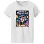Out of Spells Not Out of Shells women's wizard shirt in black, a funny D&D graphic tee showing a shotgun-wielding spellcaster.
