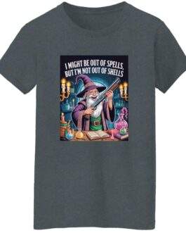 Out of Spells Not Out of Shells women's D&D tee, tactical wizard shirt shown in a light color.