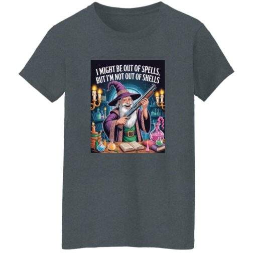 Out of Spells Not Out of Shells women's D&D tee, tactical wizard shirt shown in a light color.